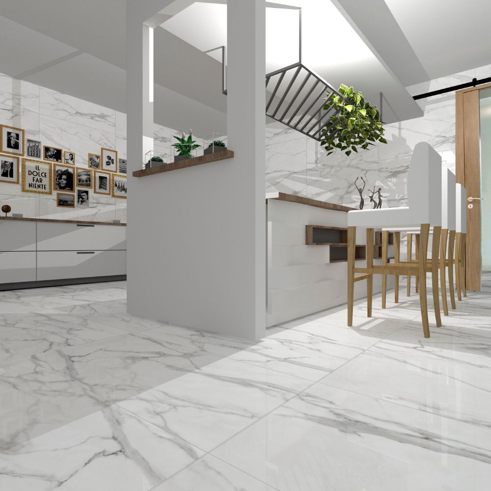 Leonardo Blanco 60 x 120cm Polished Marble Effect Porcelain Tiles Kitchen Floor and Kitchen Walls