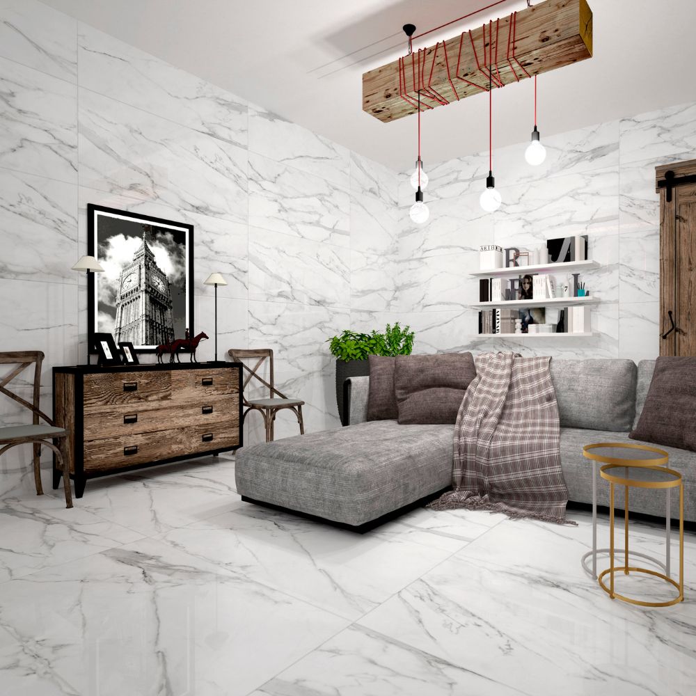 Leonardo Blanco 60 x 120cm Polished Marble Effect Porcelain Tiles, Living Room Floor and Walls