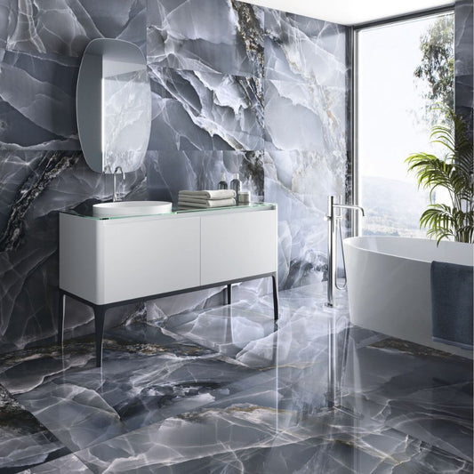 Onice Blu Onyx Effect Polished Tile 60 x 120cm Bathroom